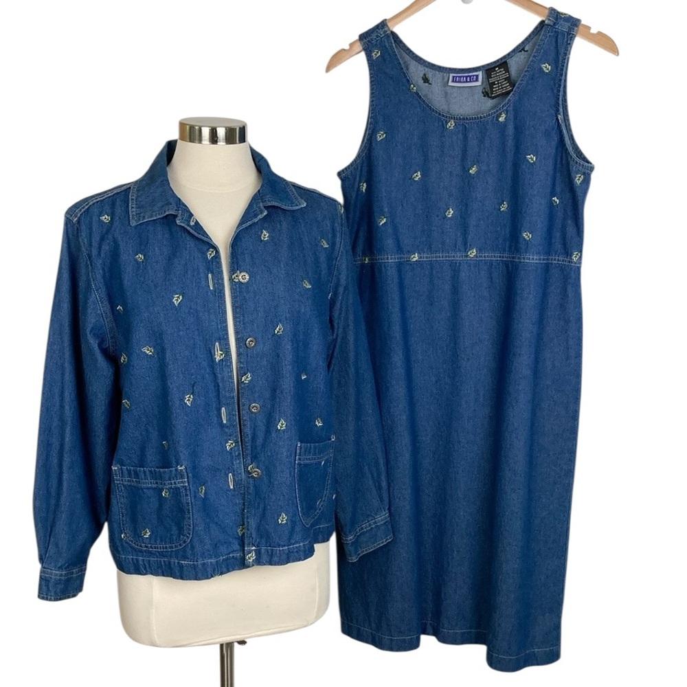 Embroidered Denim Dress & Jacket Two Piece Set
